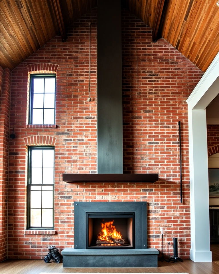 industrial fireplace in a vaulted loft space