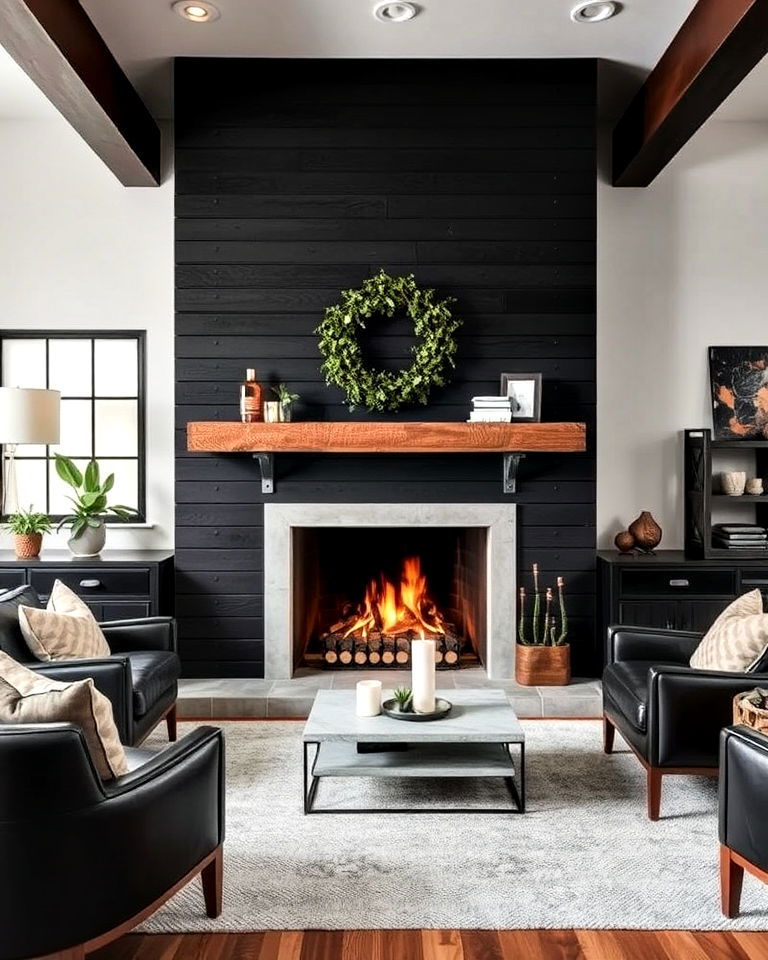 industrial inspired black shiplap fireplace