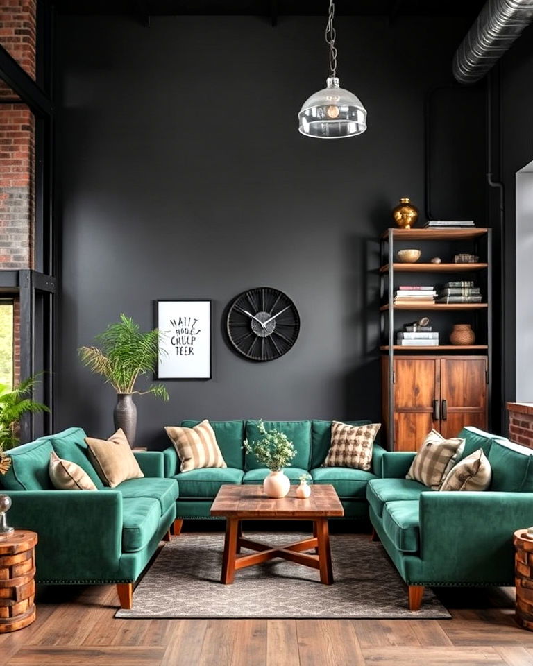 industrial inspired cozy green and grey living space
