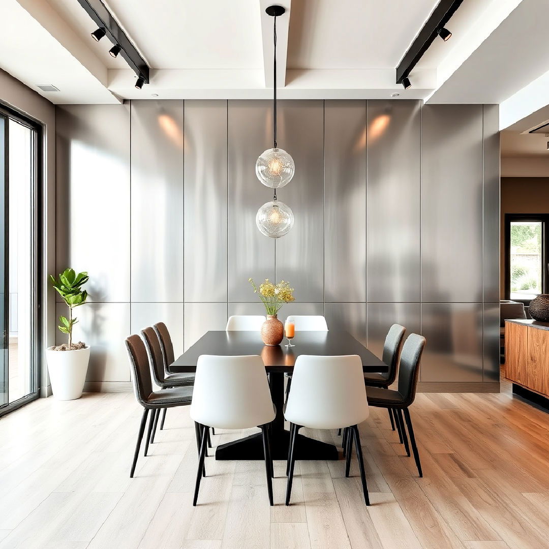 industrial inspired dining room metal wall panels