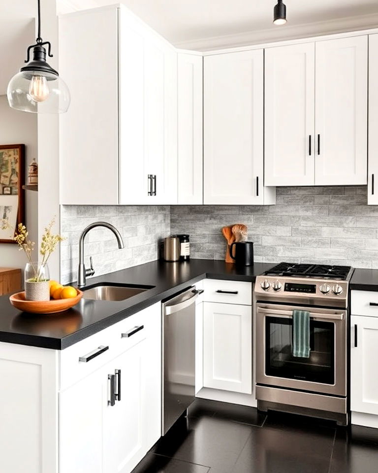 industrial inspired kitchen with black concrete countertop