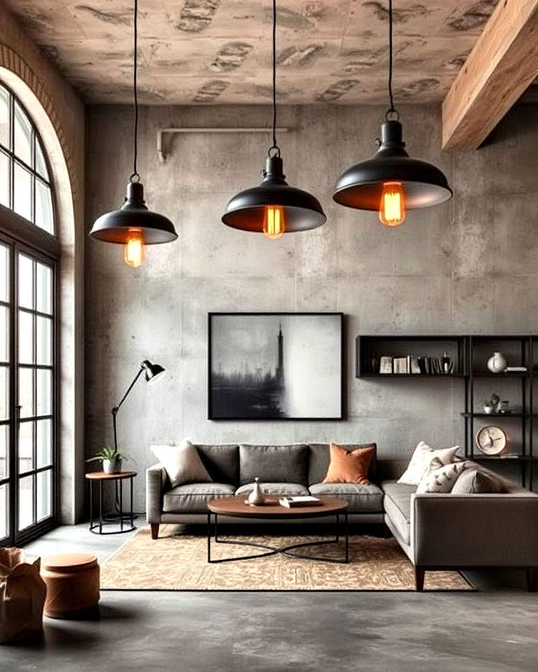 industrial lighting fixtures and concrete flooring