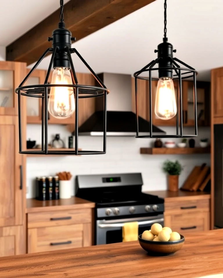 industrial lighting with black metal frames for kitchen