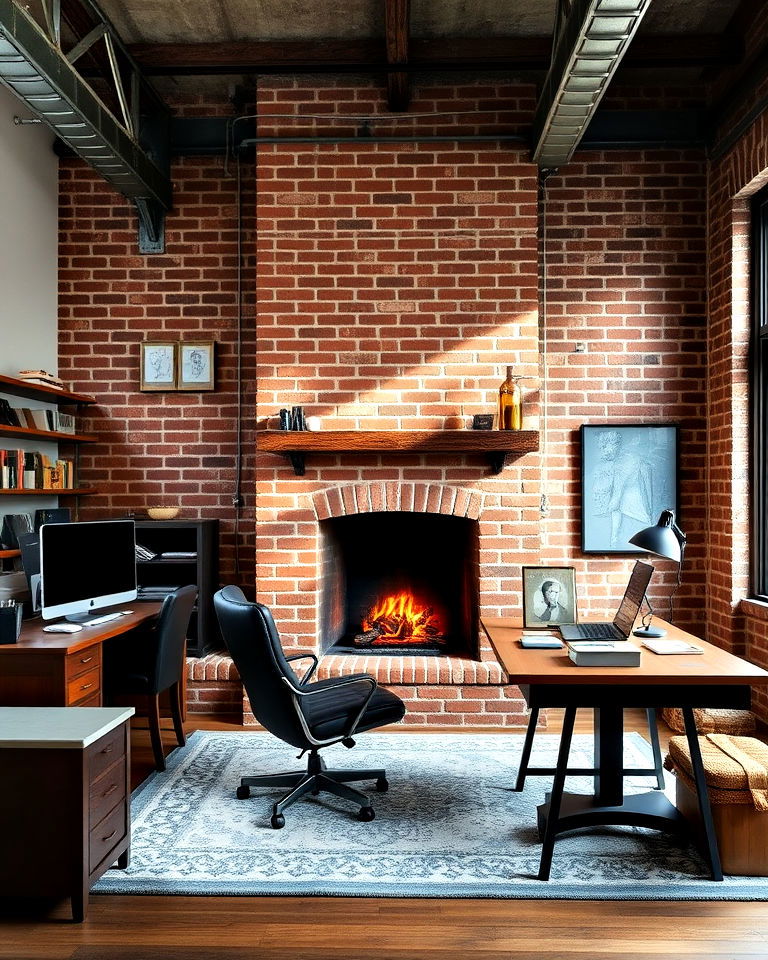 industrial loft office with exposed brick fireplace