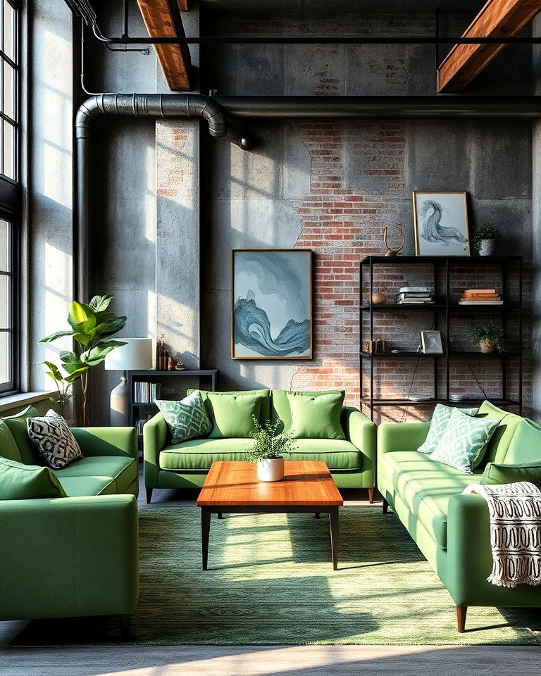 industrial loft style green and grey living room