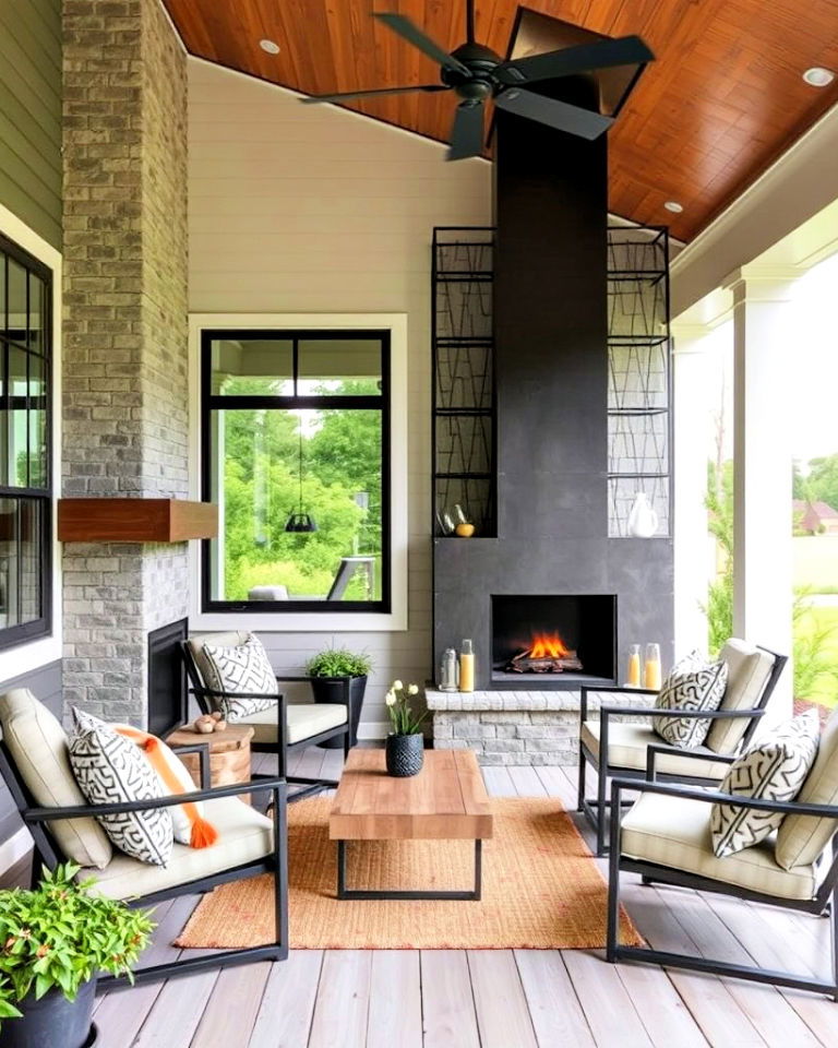 industrial metal porch fireplace for an edgy look