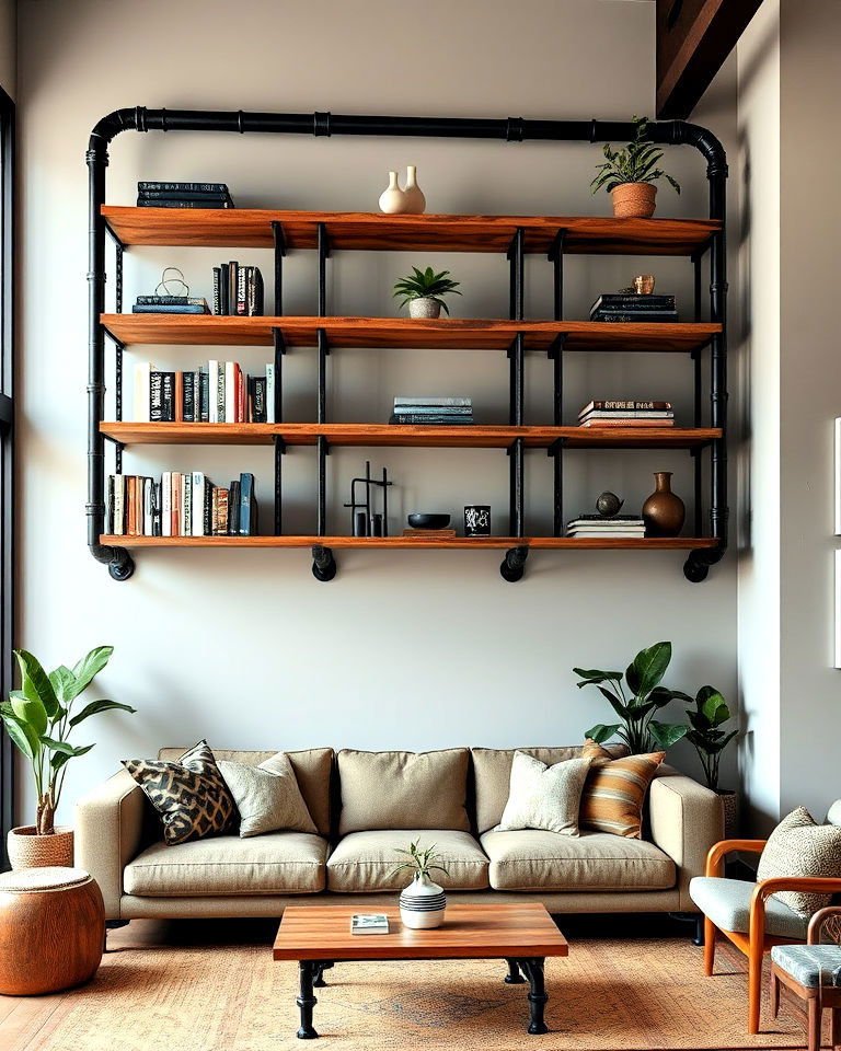 industrial pipe shelving for living room