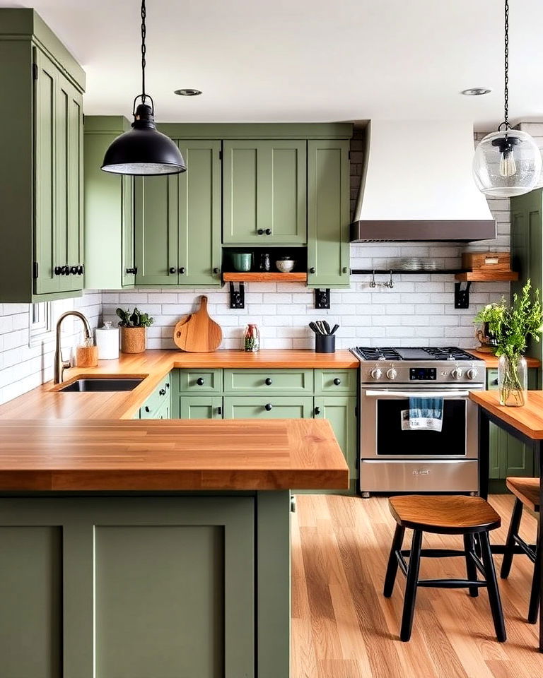 industrial sage green cabinets with butcher block countertops
