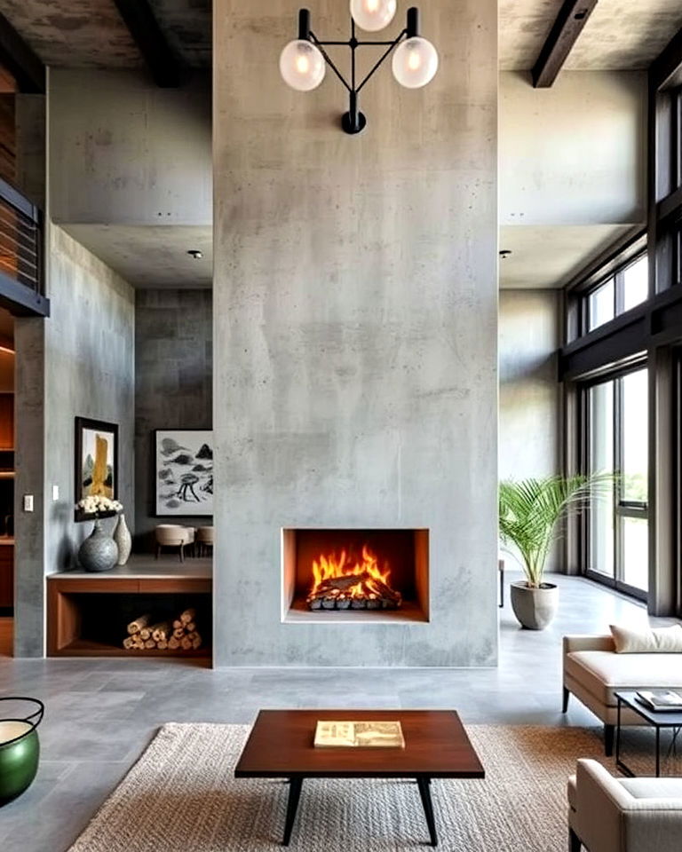 industrial style concrete floor to ceiling fireplace