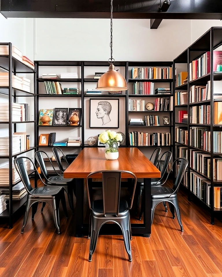 industrial style dining room with metal shelves