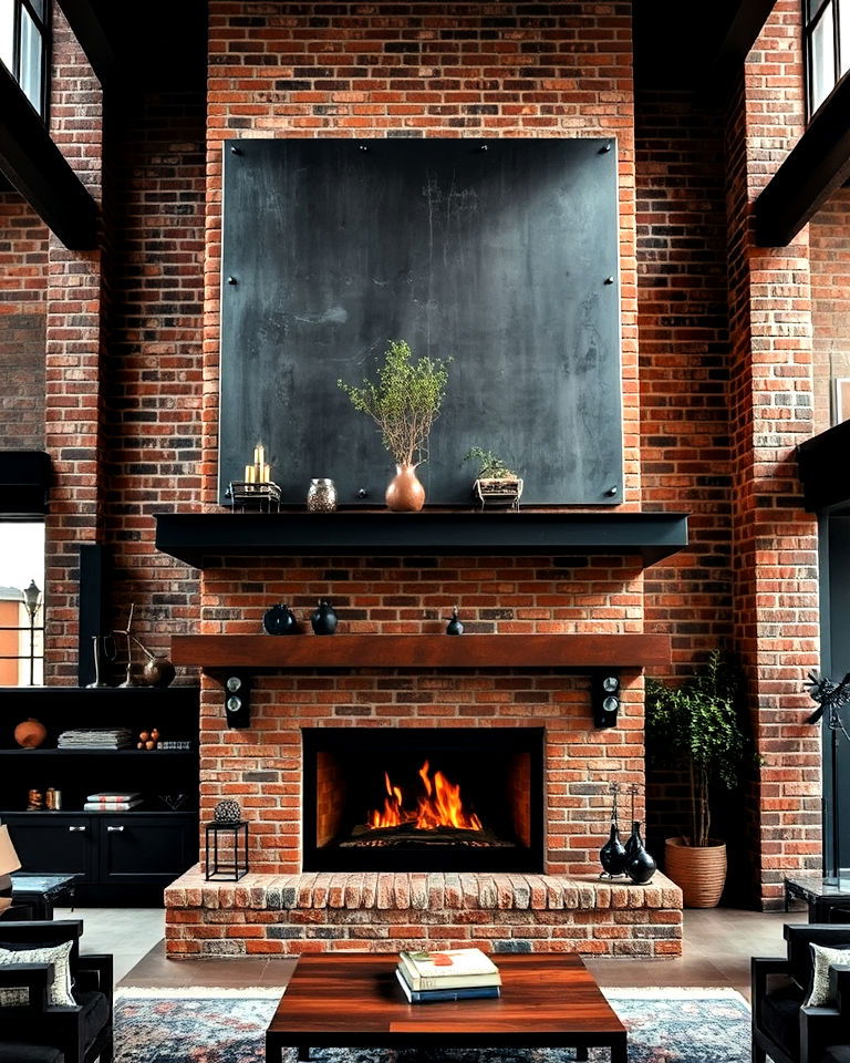 industrial style fireplace with metal accents