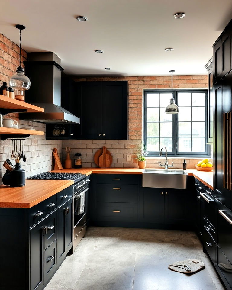 industrial style kitchen with black cabinets and raw wood countertop
