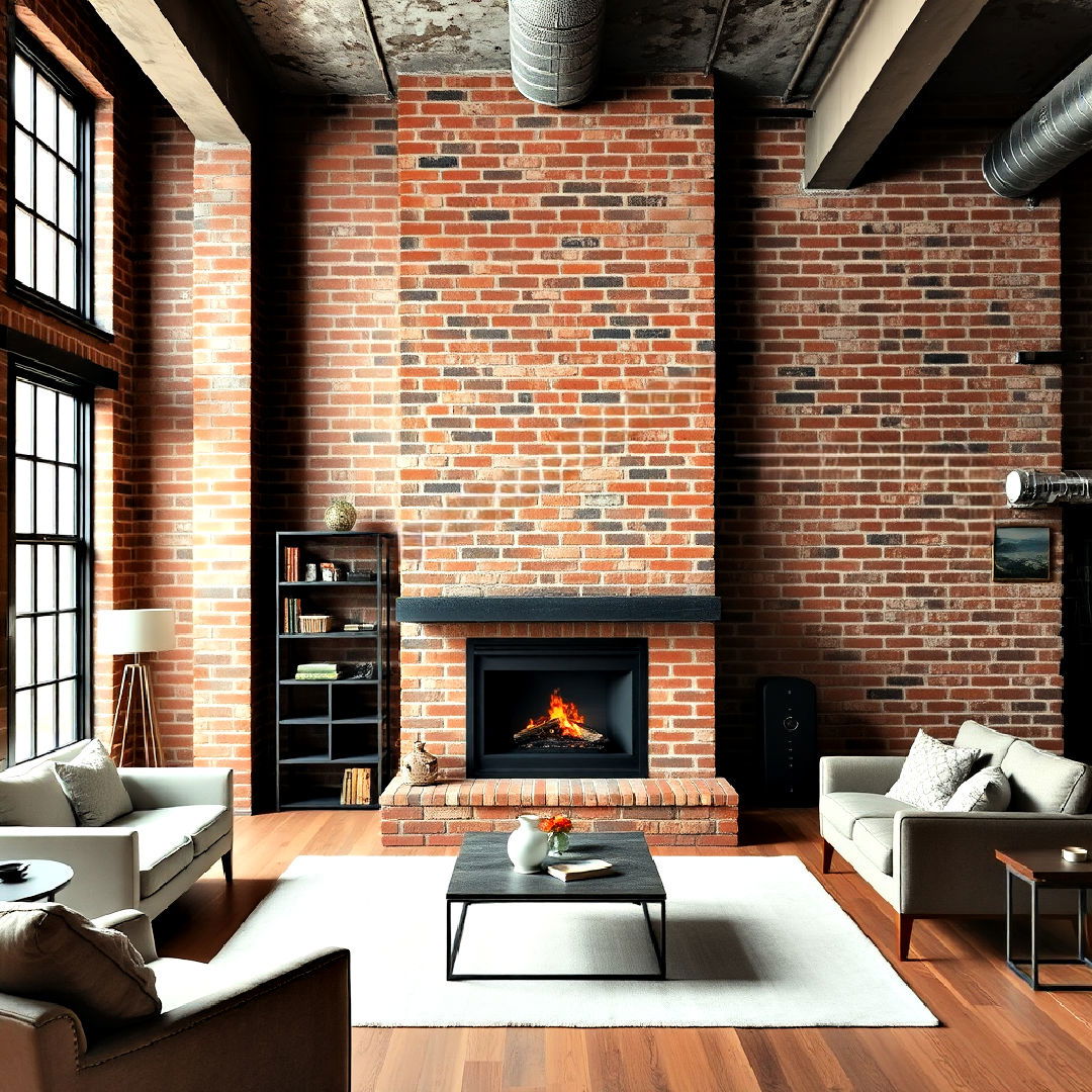 industrial style loft off center fireplace