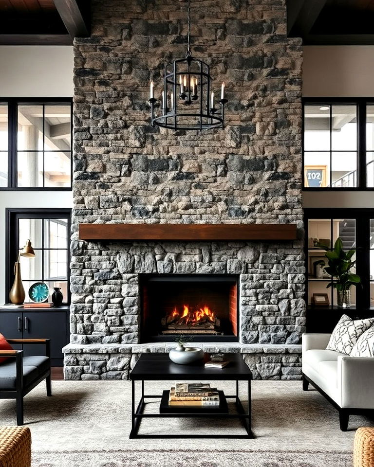 industrial style stacked stone fireplace