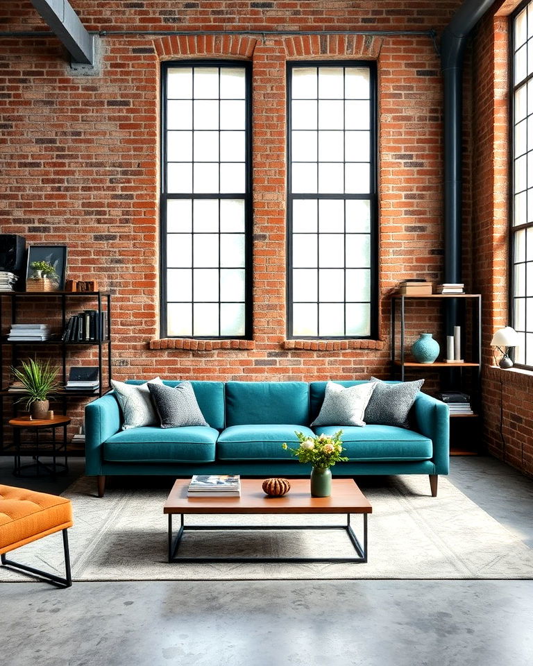 industrial style teal couch living room