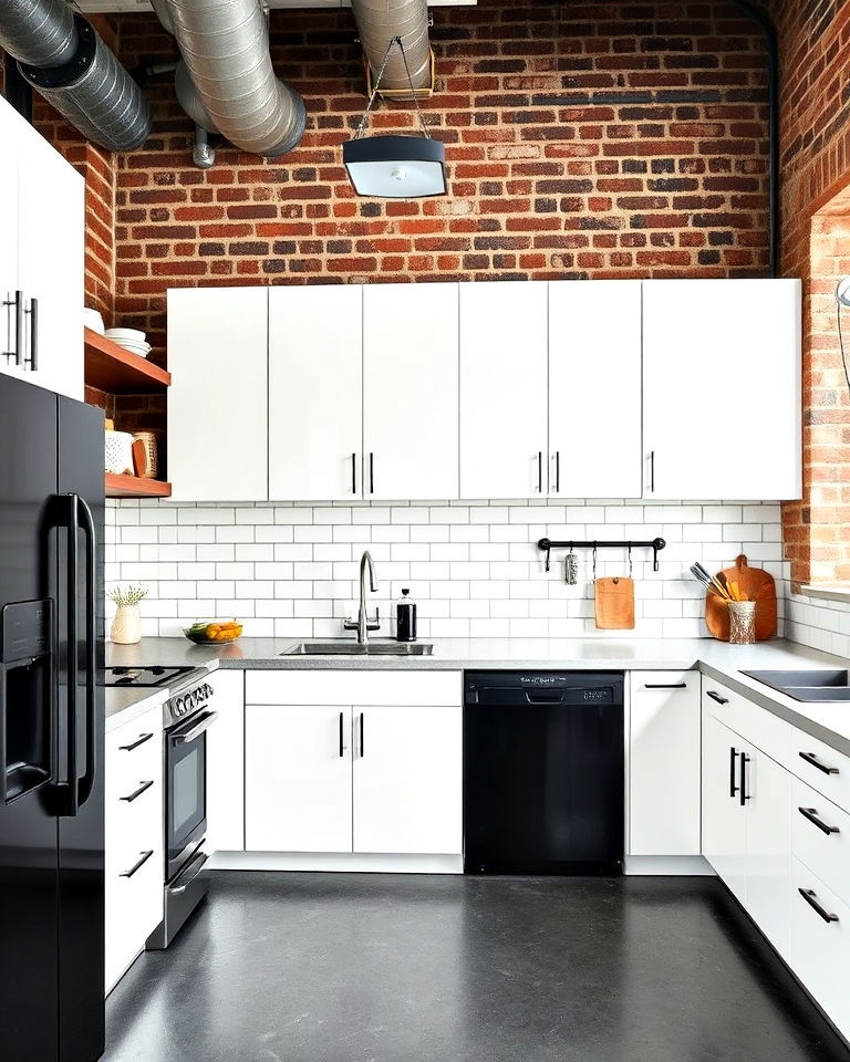 industrial white kitchen with black appliances
