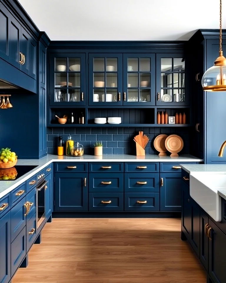ink blue cabinets with gold cupboard latches