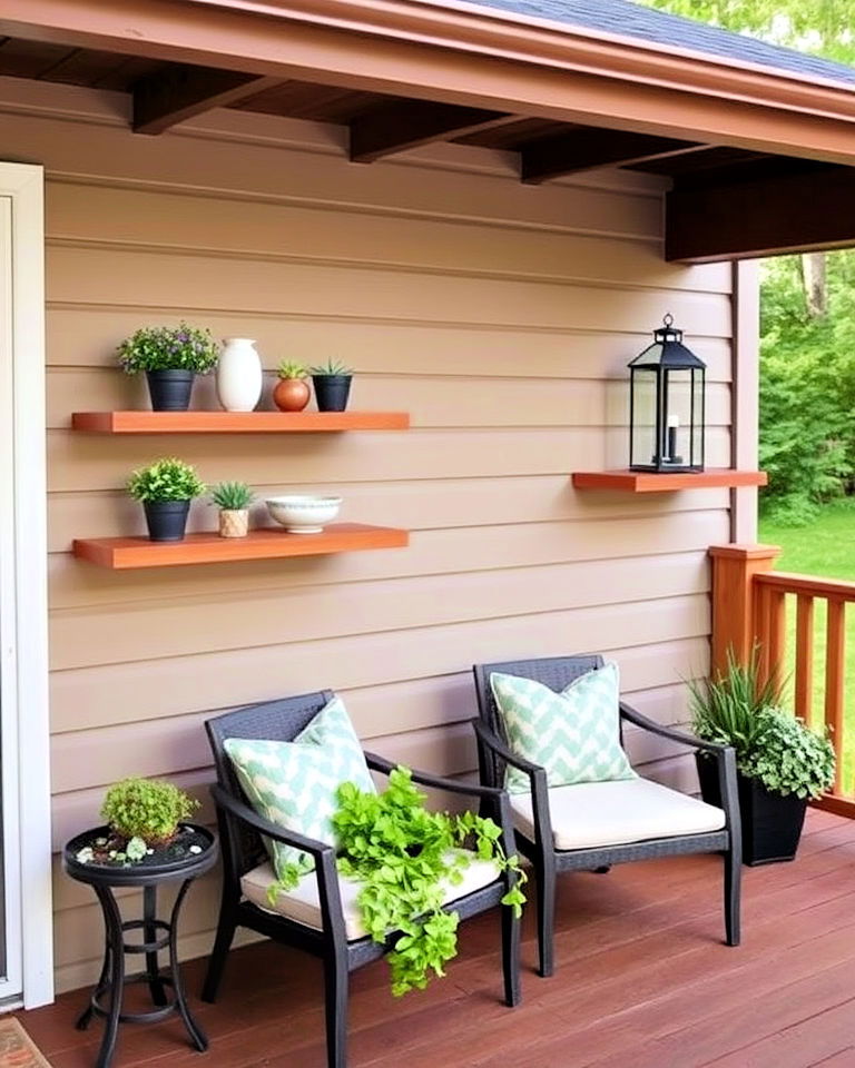 install floating shelves along deck walls