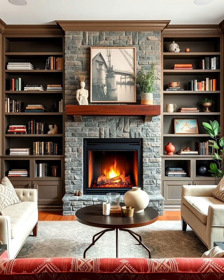 integrating built in shelving around your fireplace