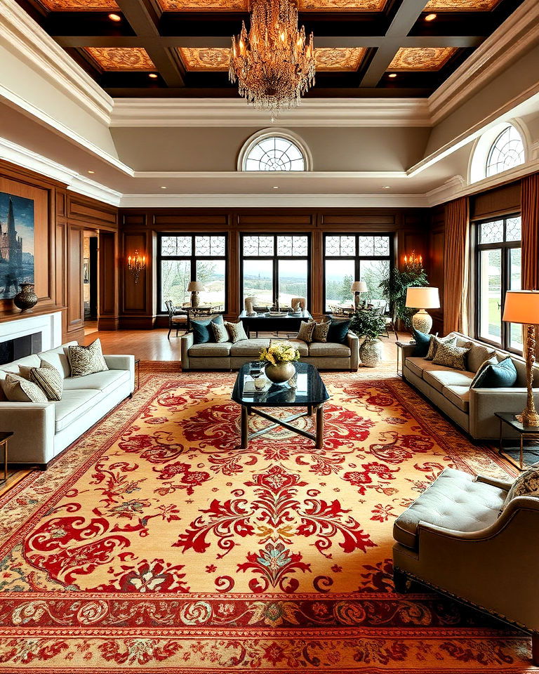 intricate area rug to add warmth to living rooms