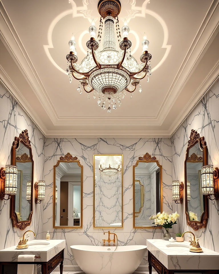 intricate ceiling lighting for maximalist bathroom