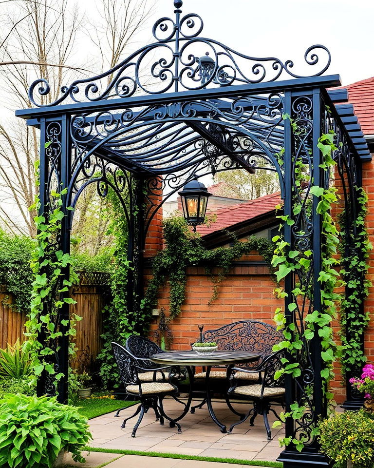 iron pergola with gothic details