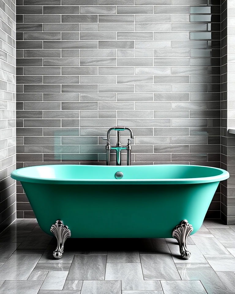 jade green bathtub with grey tile backdrop