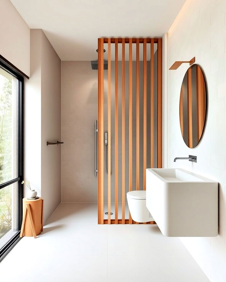 japandi bathroom wooden dividers for zoning