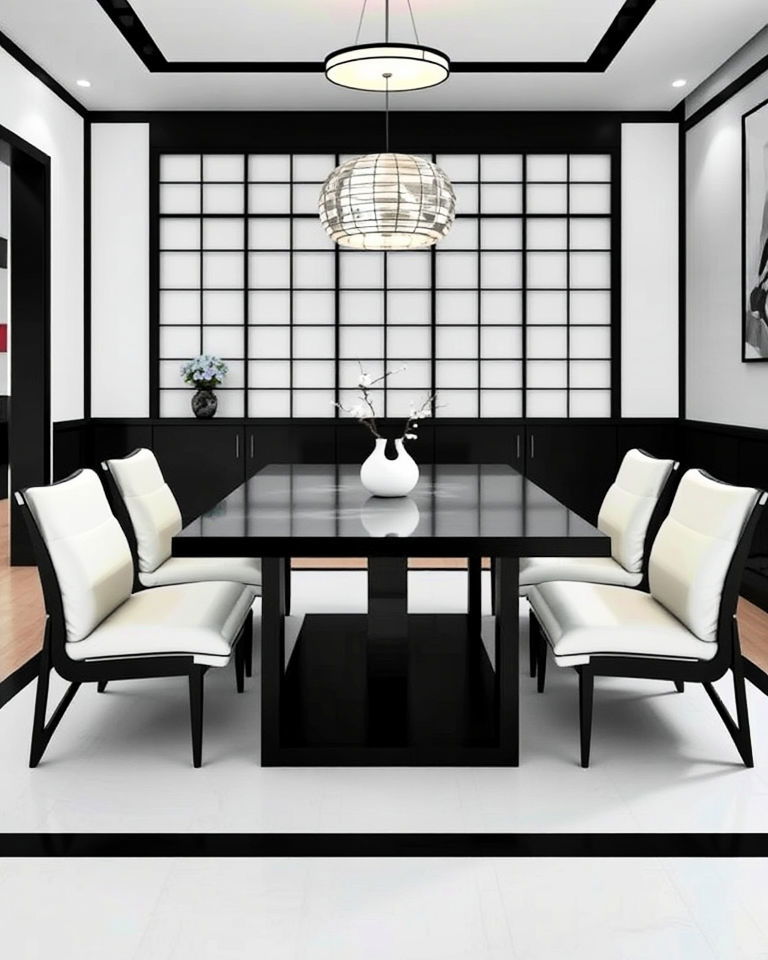 japanese dining room with black and white contrast