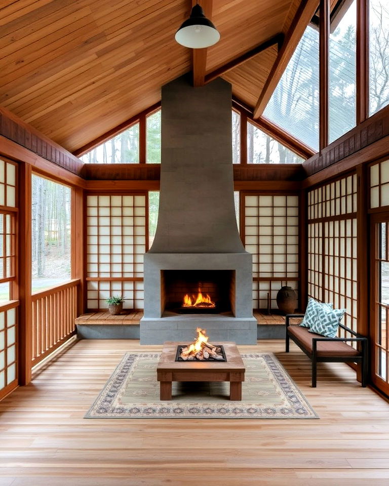 japanese inspired covered deck with fireplace