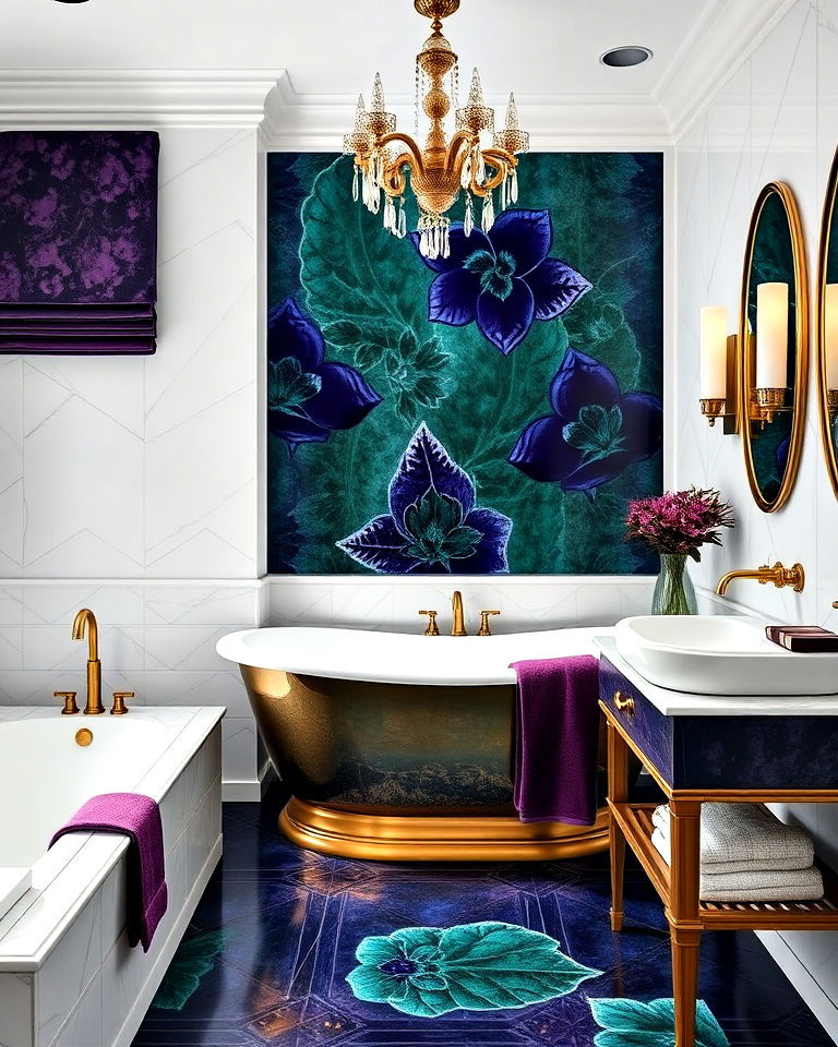 jewel toned accents maximalist bathroom