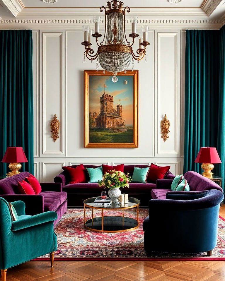 jewel toned living room velvet upholstery