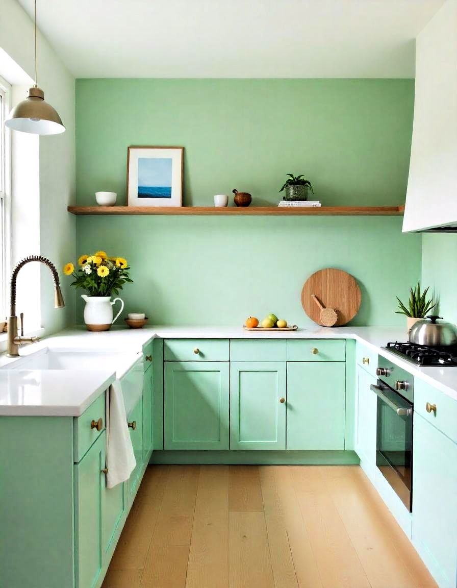 kitchen mint green accent wall to define the space