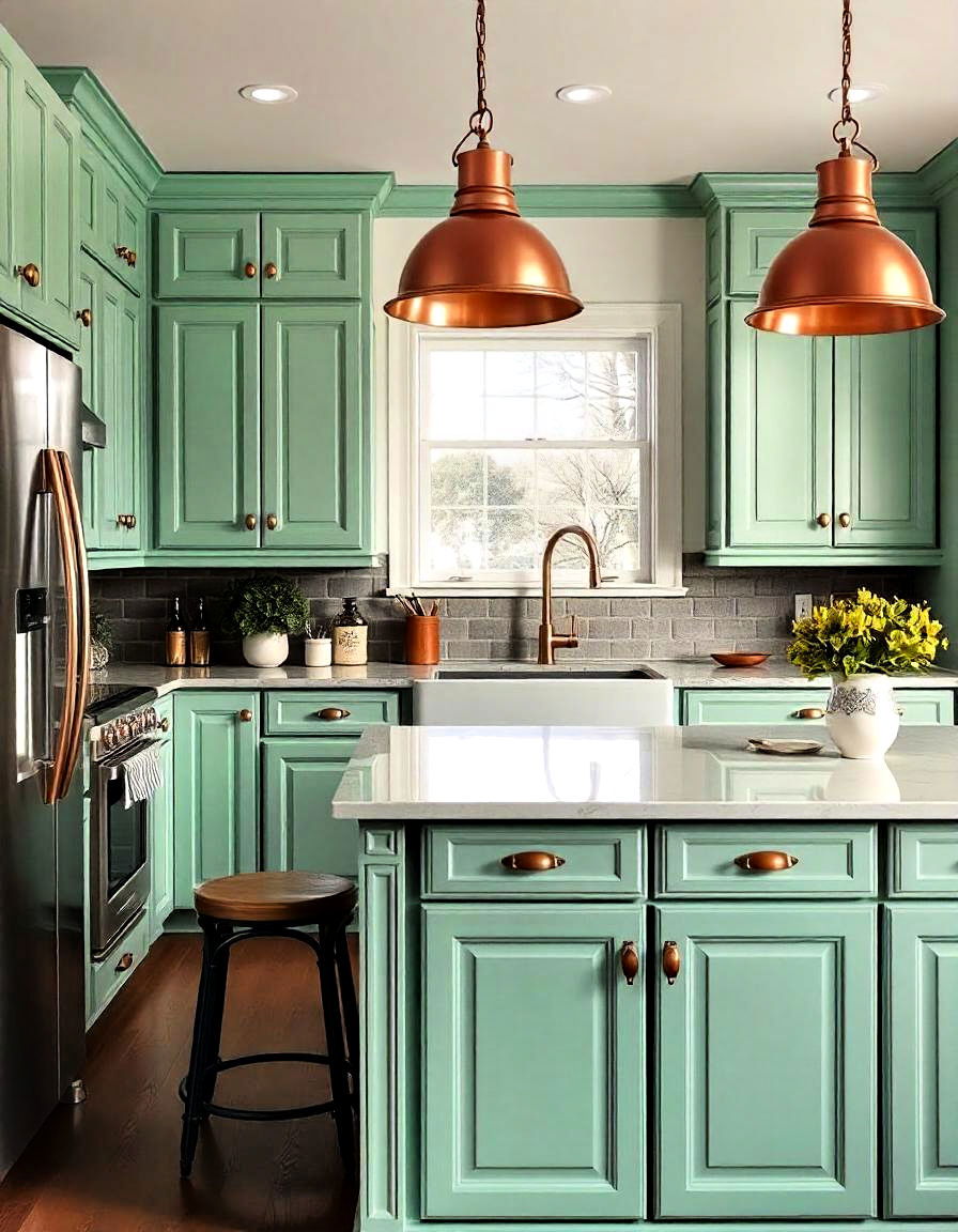 kitchen mint green and copper accents