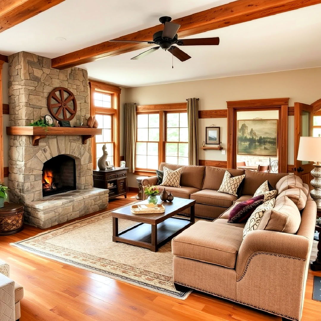 l shaped sectional and a stone fireplace