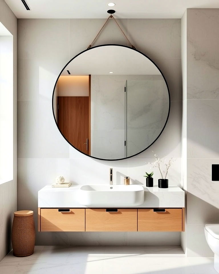 large circular mirror for japandi bathroom