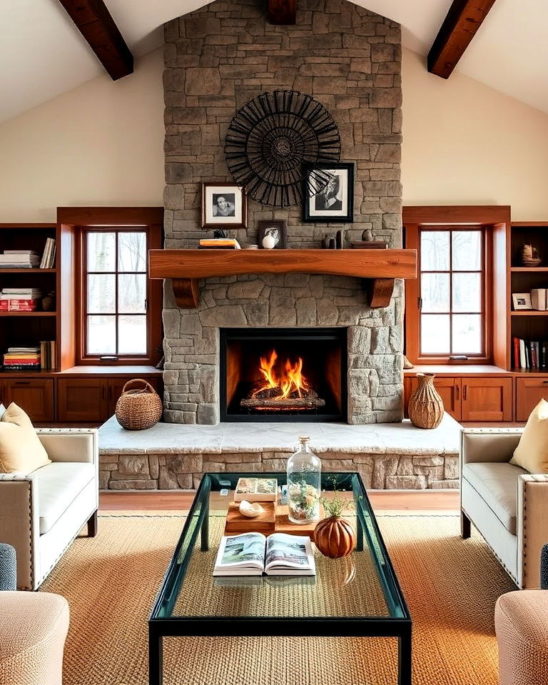 large fireplace hearth between windows