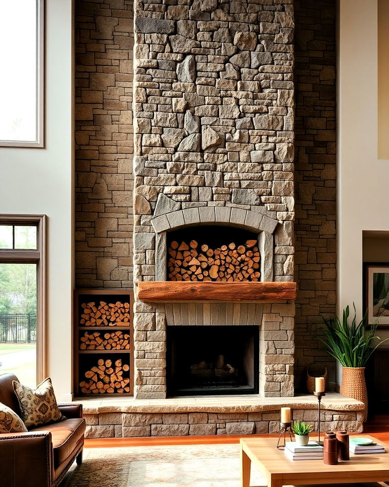 large fireplace with recessed niche for firewood storage