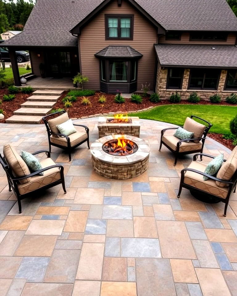 large flagstone stamped patio with custom stone fire pit