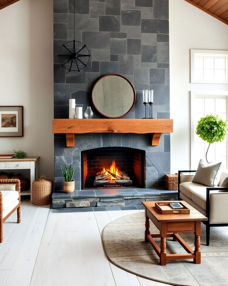 large format slate tile fireplace design