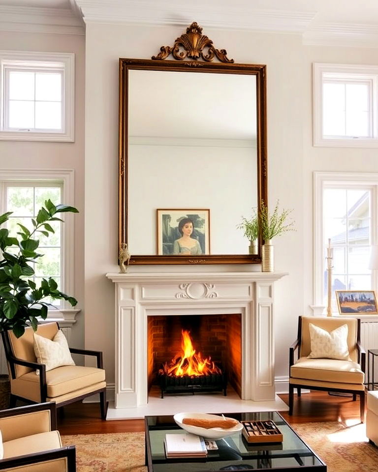 large mirror above the fireplace