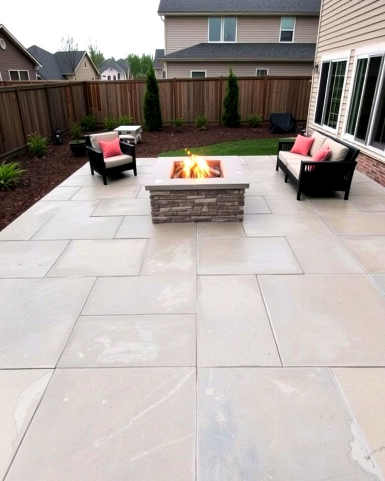 large square stamped concrete patio with a rectangular fire pit