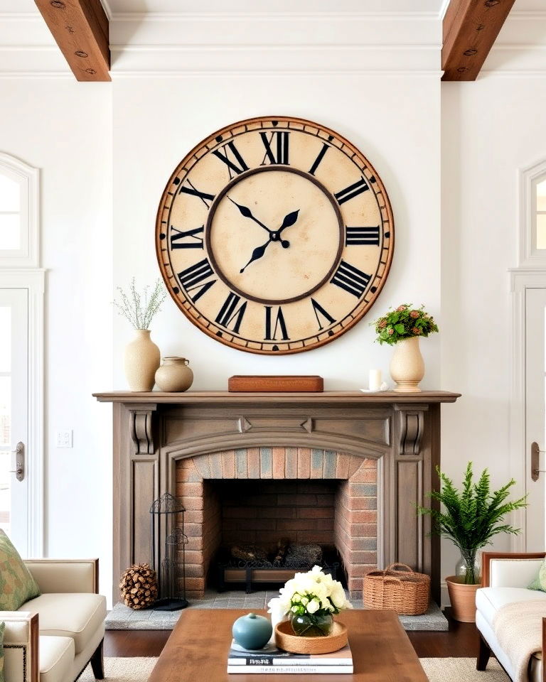 large vintage clock displayed above the fireplace