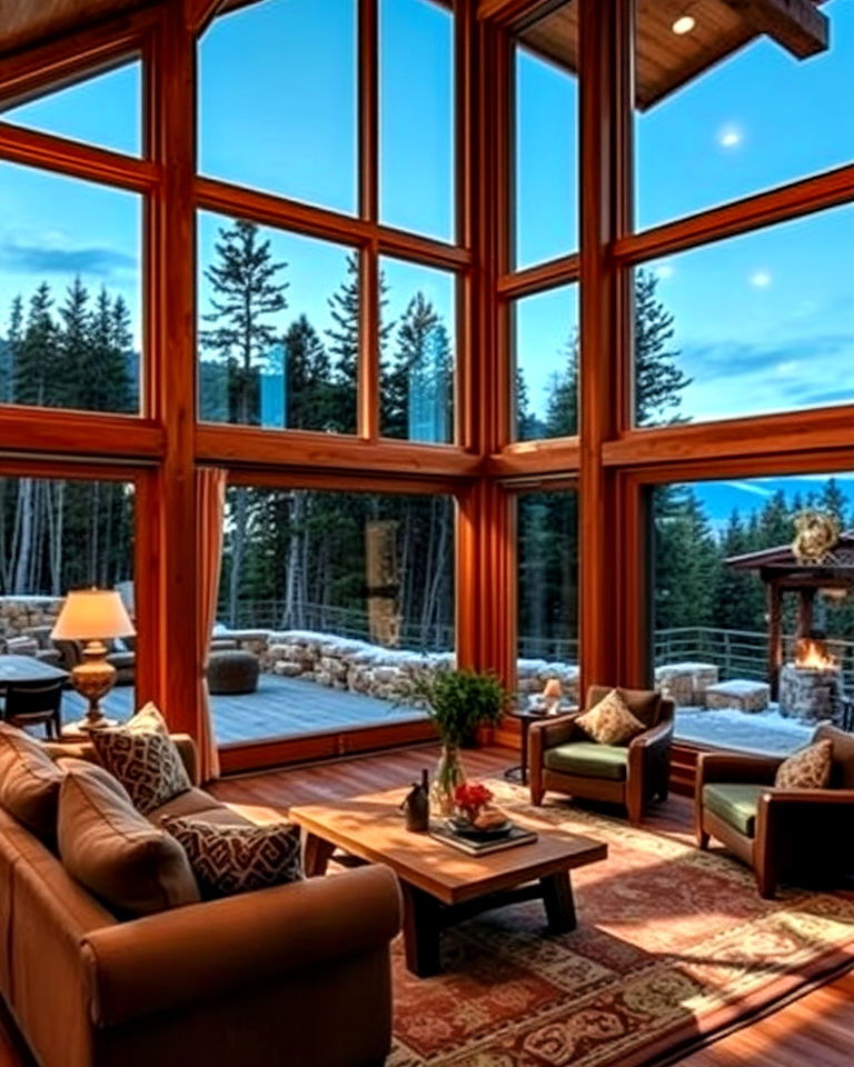 large windows in cabin with nature views