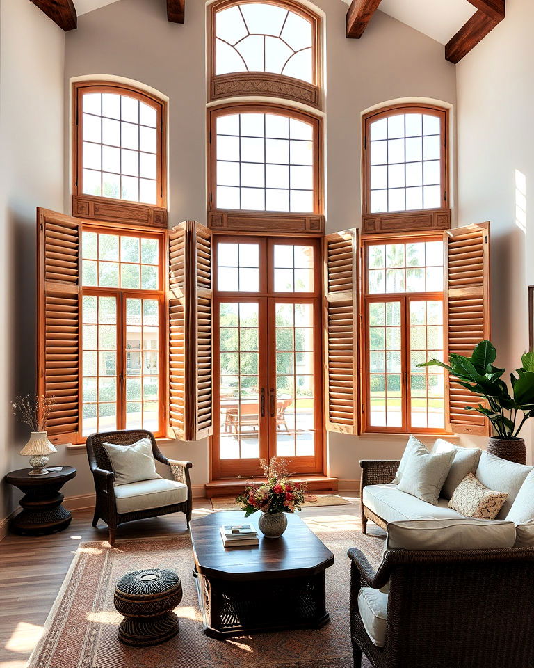 large windows with wooden shutters