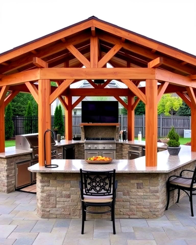 large wooden gazebo with multiple cooking stations