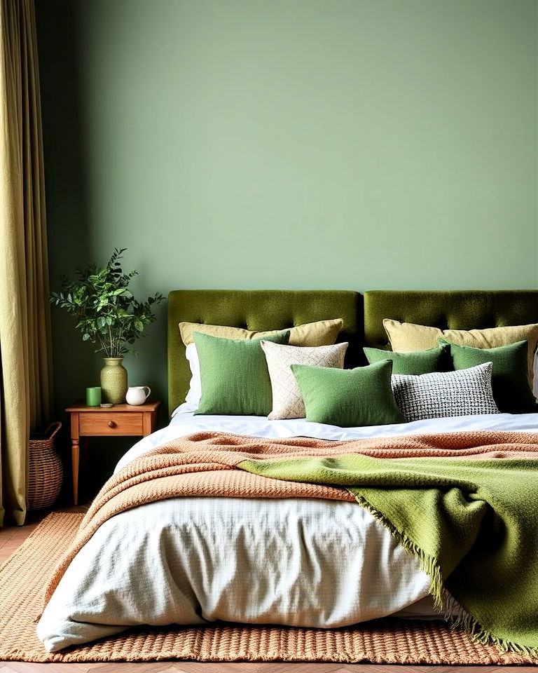 layer green and brown textiles in your bedroom