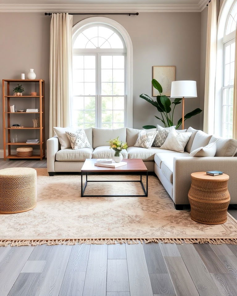 layer rug to enhance your grey living room flooring