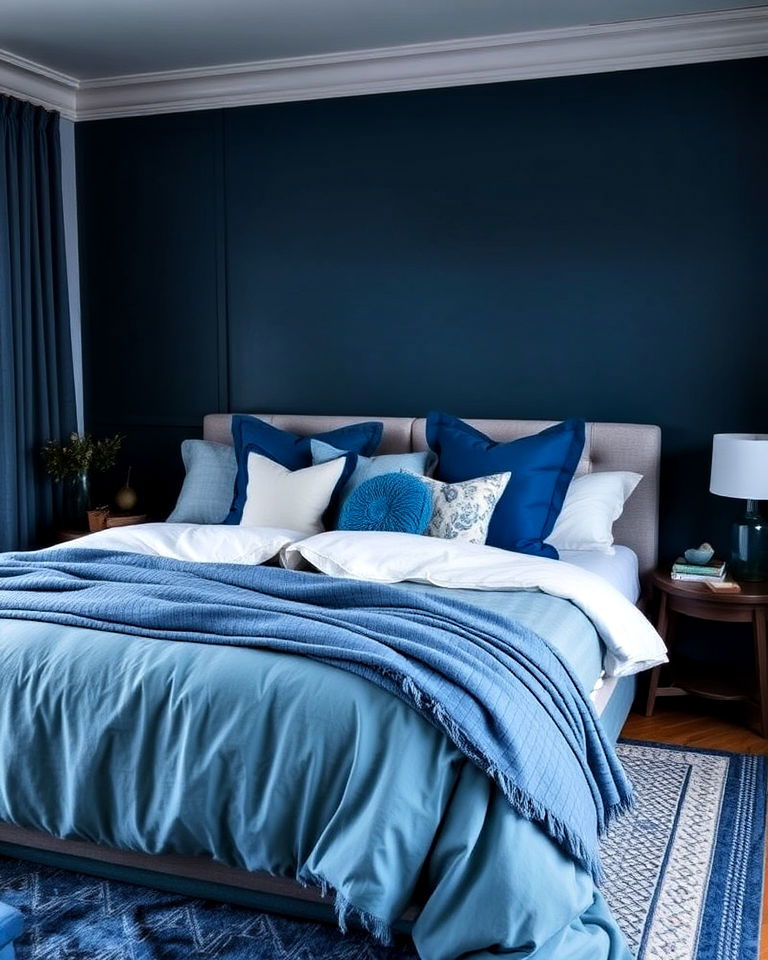 layered blue textiles for added depth in bedroom