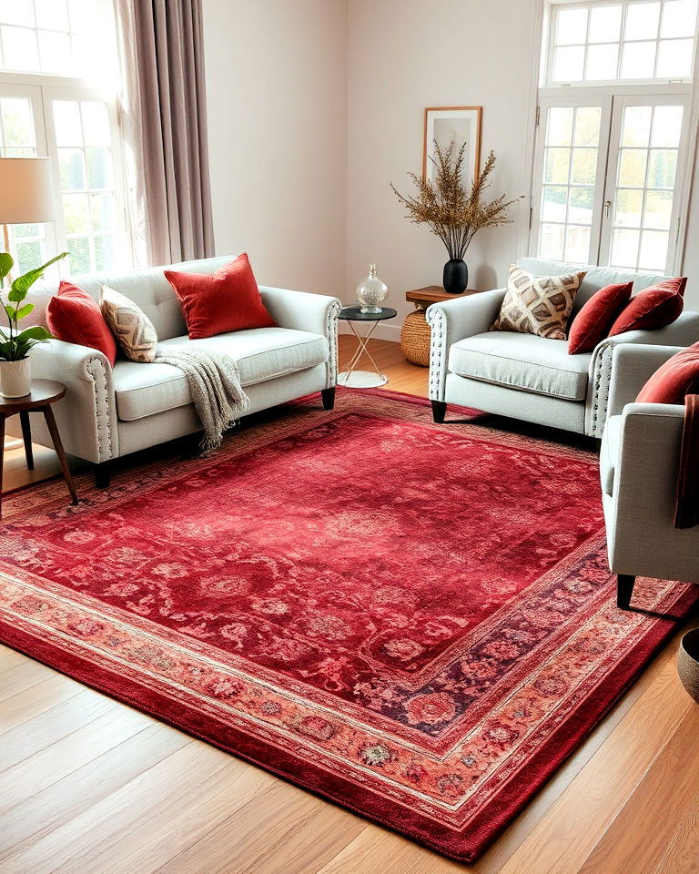 layered rug in burgundy tones to add texture